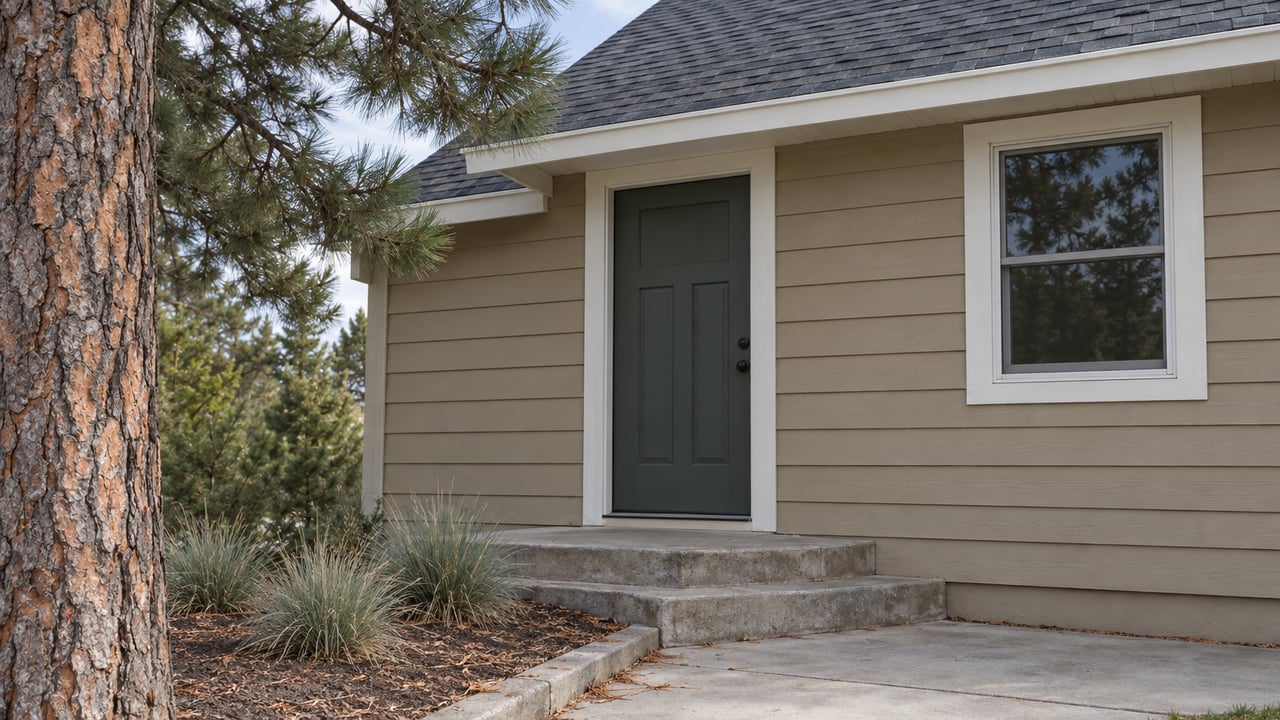Tan-sided house entry with a white-trimmed window, concrete steps, and a pine tree at the edge.