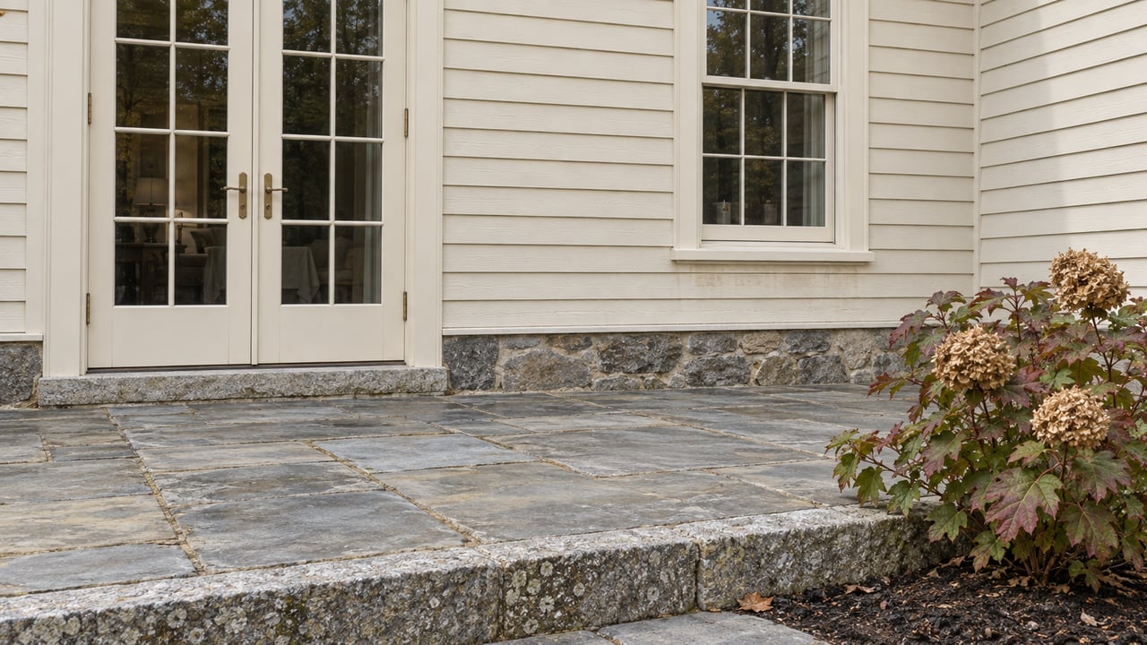 Ivory clapboard rear elevation with divided-light French doors, a tall window, and a weathered flagstone terrace bordered by granite and an oakleaf hydrangea.