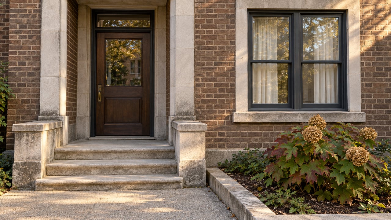Warm sunlight on a brown-brick apartment entrance with worn limestone steps, a glazed wood door and an oakleaf hydrangea beside the approach.