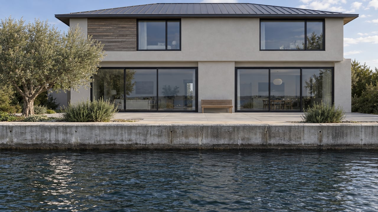 Two-story stucco house with cedar accent, broad glass doors, terrace, olive tree, concrete quay, and rippled waterfront.