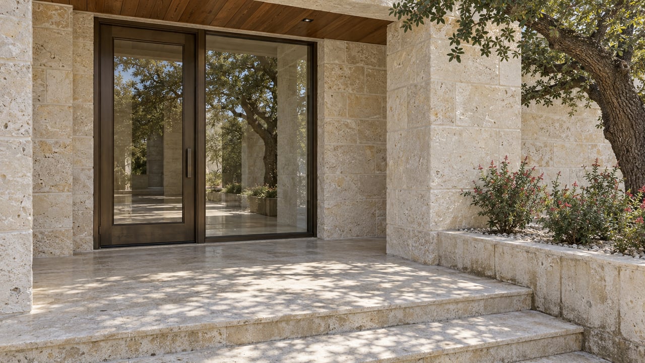 Sunlit limestone entry terrace with a bronze-framed glass door, broad stone steps and a mature oak beside a raised planter.