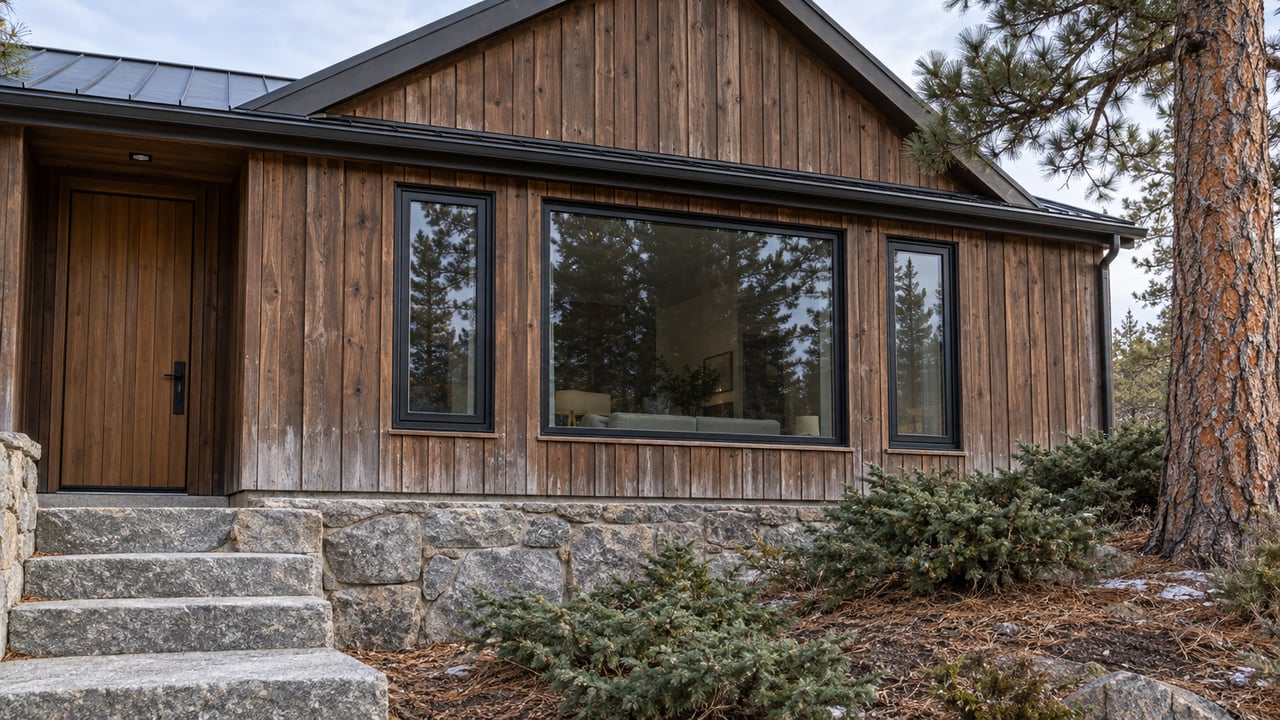 Weathered cedar home with a steep metal roof, dark-framed windows and granite entry steps beside conifers in late-autumn light.