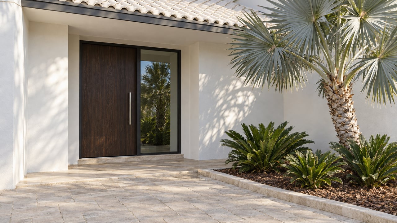 Sunlit white stucco entrance with a dark wood door, pale pavers and a silver thatch palm in an edged planting bed.