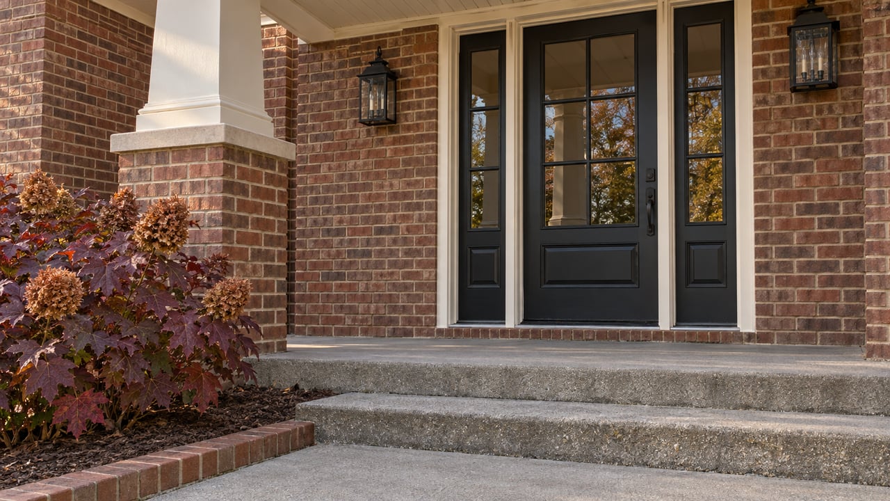 Brick home entry with a black glazed door, matching sidelights, concrete porch steps and burgundy oakleaf hydrangea foliage.