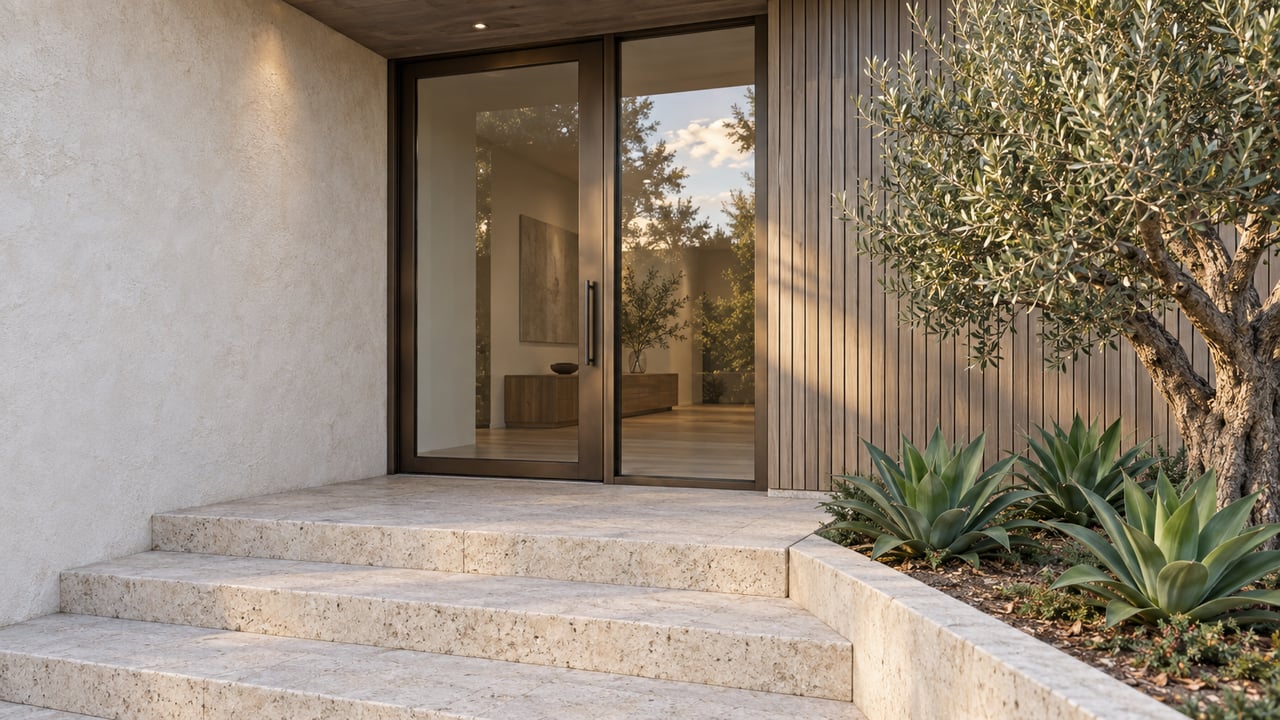 Residential entry with bronze-framed glass door, limestone steps, and an olive tree beside agave plants.