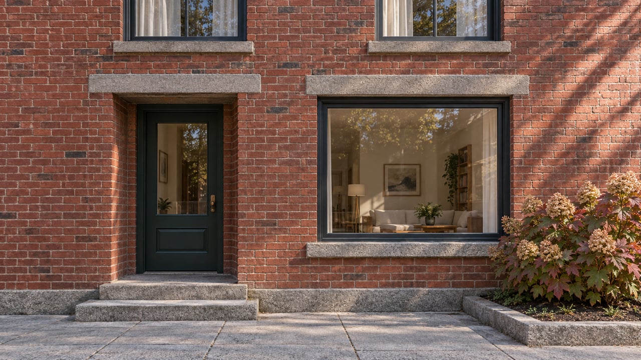 Restored red-brick residential entrance with granite steps, dark green glazed door, upper sash windows and one autumn oakleaf hydrangea beside the pavement.