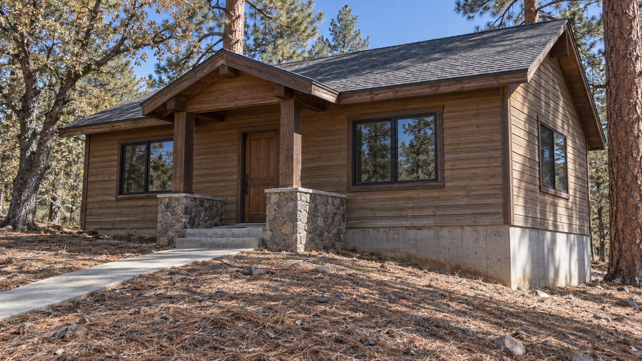 Timber-sided home with a covered porch, stone base and exposed concrete foundation on a gently sloping pine-covered lot.