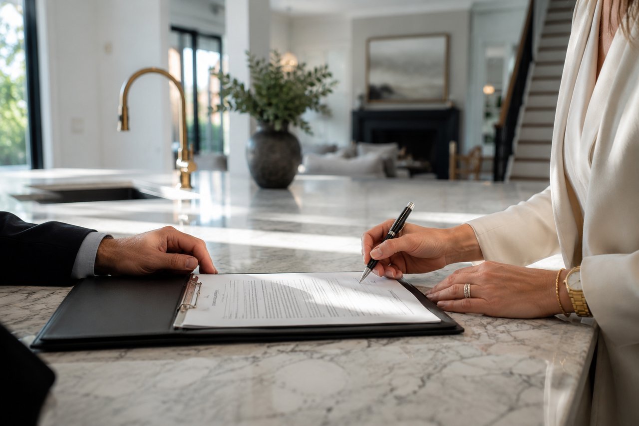 A luxury home buyer signs closing documents on a marble countertop inside a modern Tennessee home, illustrating the closing process and luxury home closing costs for buyers in Nashville, Franklin, Brentwood, and surrounding Tennessee real estate markets.