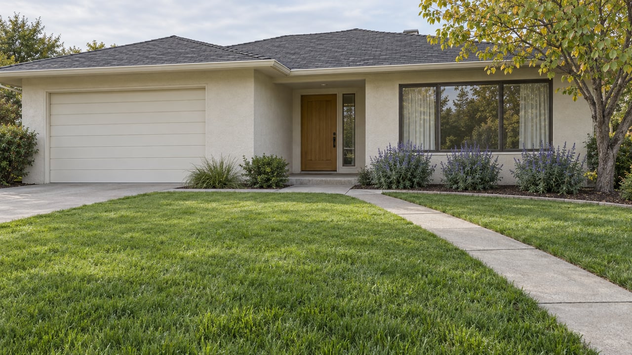 Single-story ivory stucco home with a deep lawn, concrete entry walk and a branching tree beside the living-room window.