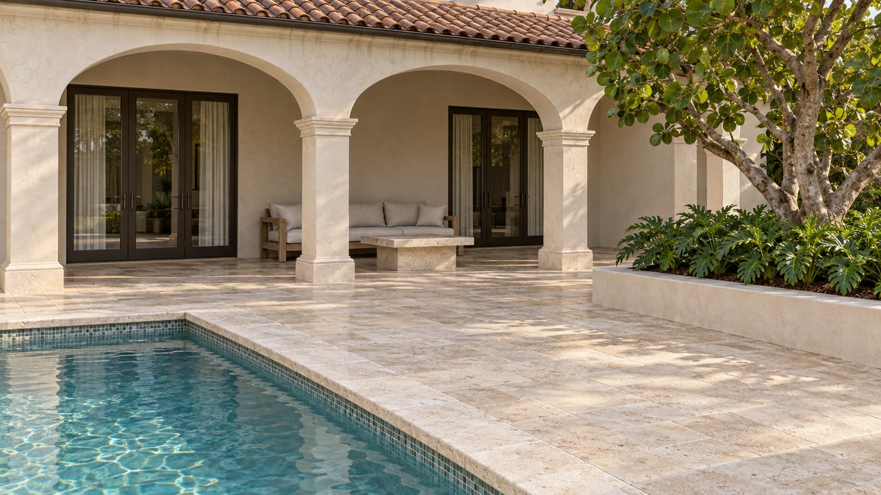 An arched stucco loggia with terracotta roofing, bronze-framed glass doors and travertine paving beside a blue-green pool.