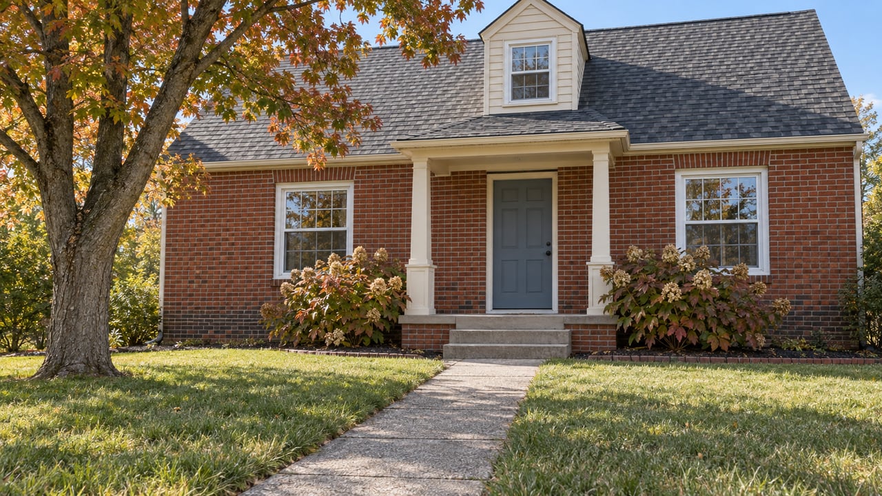 Brick house with a shingled roof, cream dormer, covered front entry, and a concrete walk through an autumn lawn.
