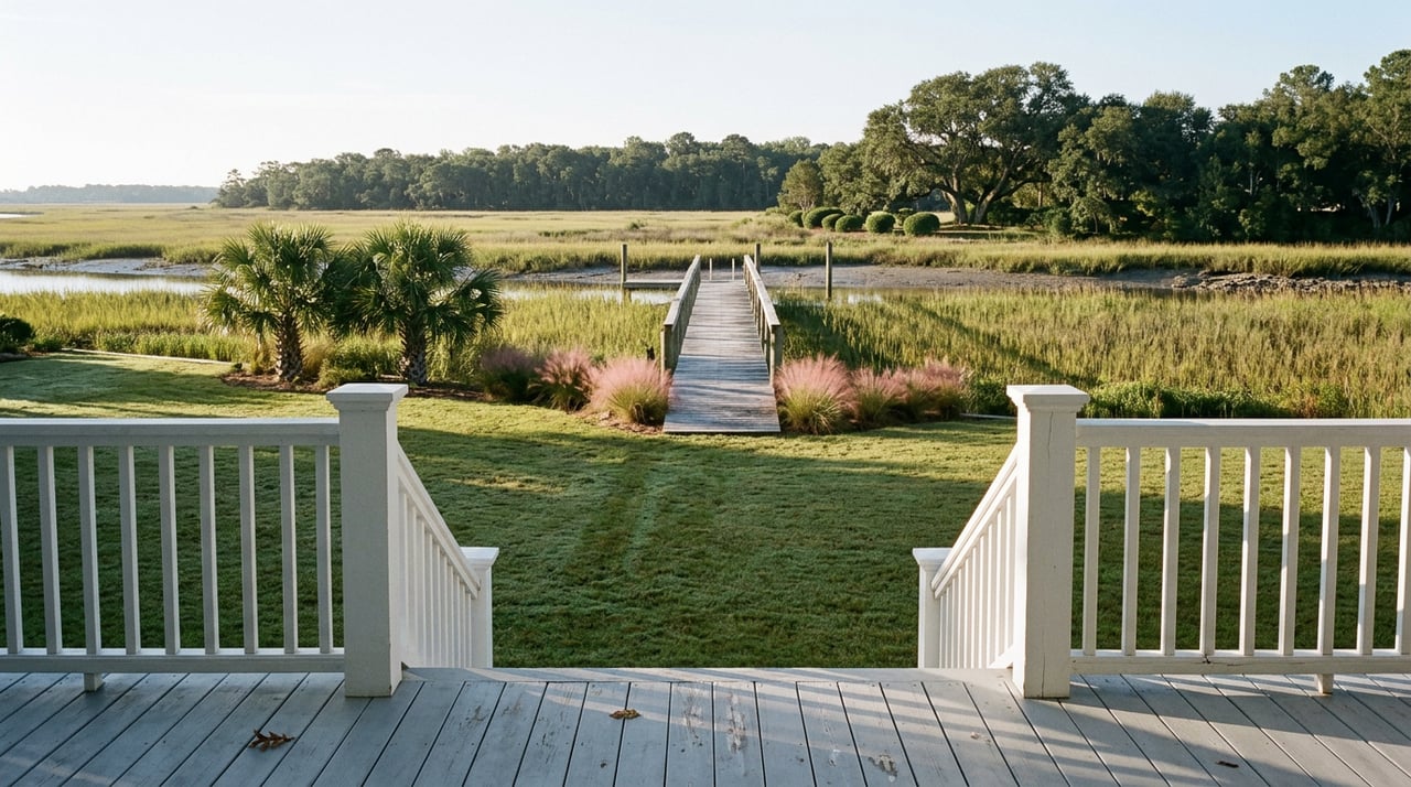 Weathered wooden dock crosses a tidal marsh toward a tree-lined bank, viewed over a lawn from a porch.