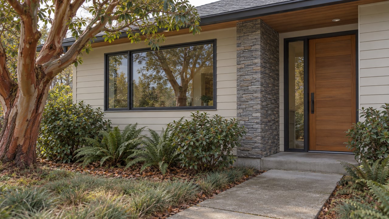 Compact cream-gray home with a cedar entry, dark-framed window, stone pier, and ferns along a worn concrete path.