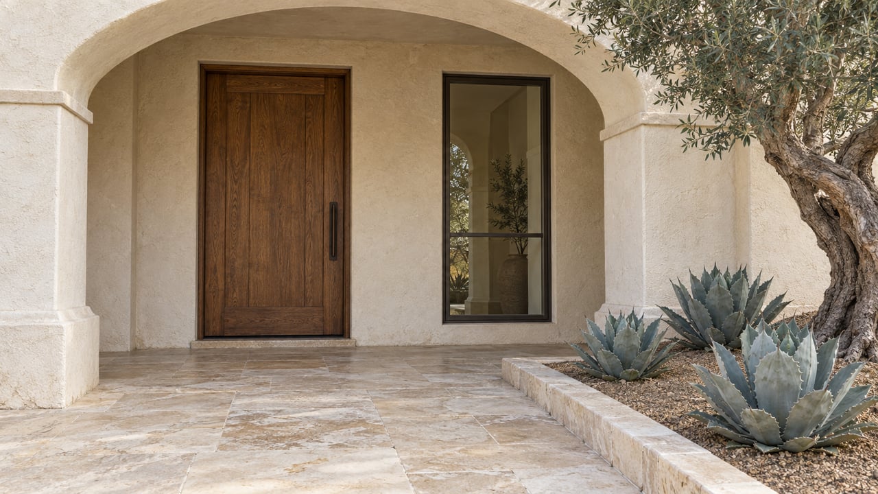 Home entrance with a dark wood door under a stucco arch, stone-tile porch, and agave landscaping.