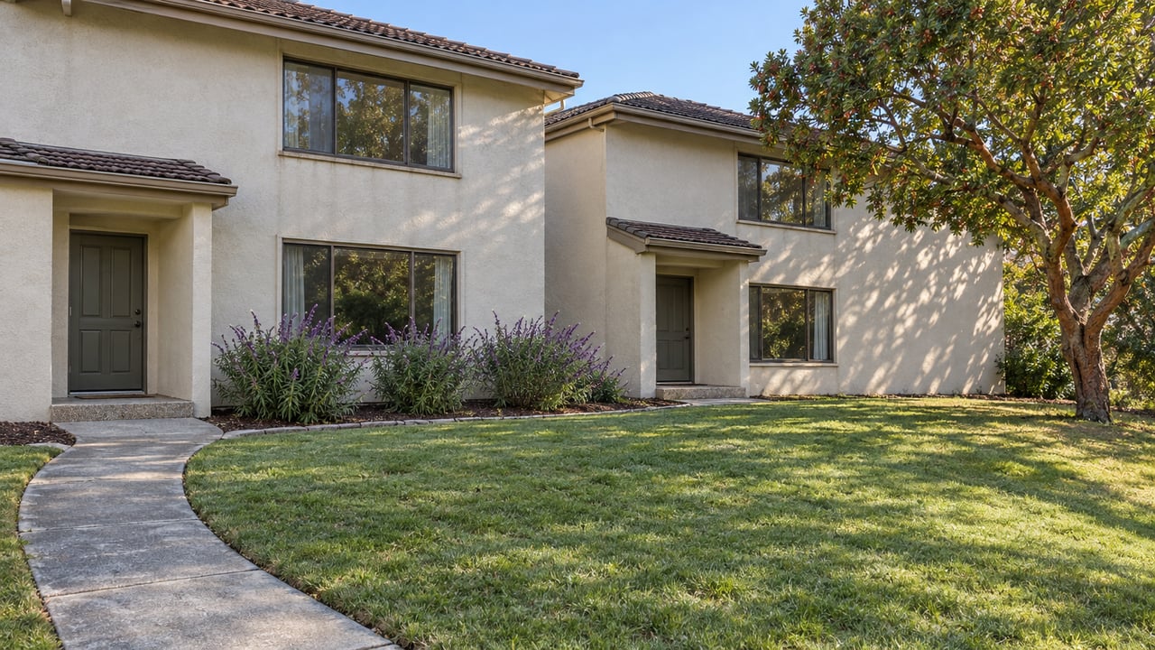 Two warm stucco homes behind a broad green lawn and curved concrete path, with a sculptural tree in morning sunlight.