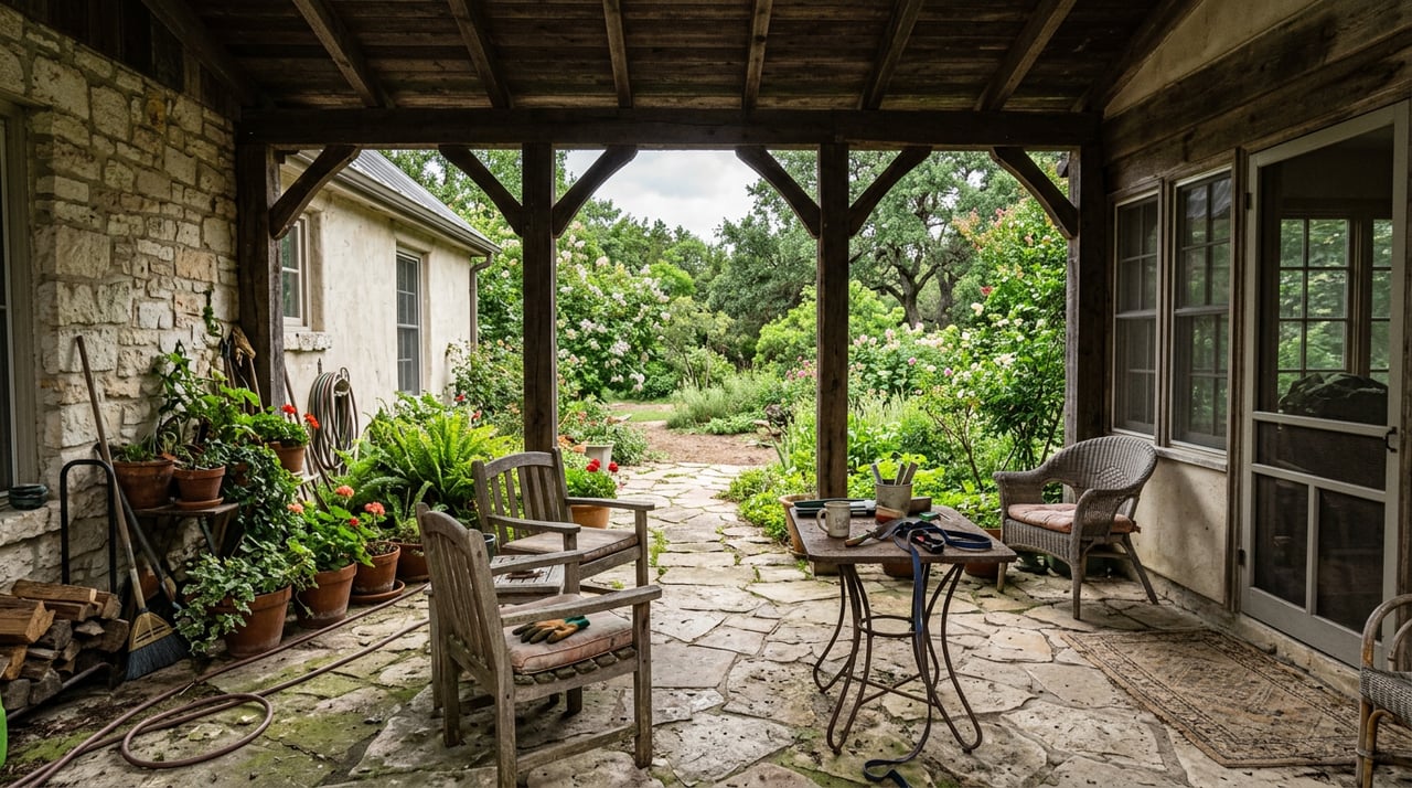 Stone patio beneath a cedar roof opens onto a lawn bordered by live oaks.