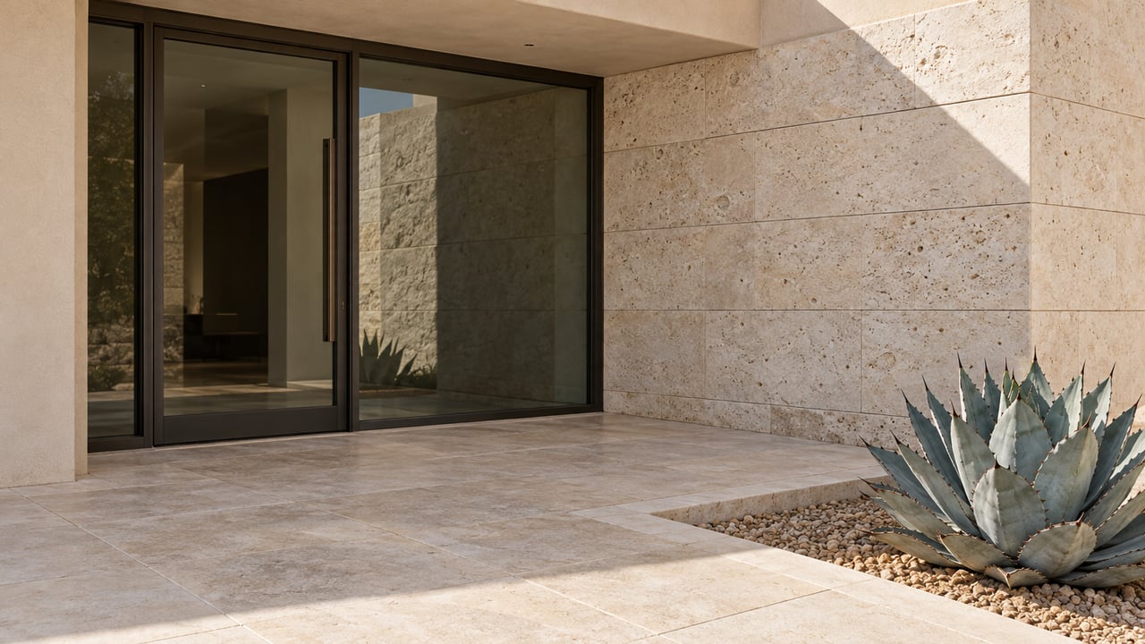 Close view of a glazed entry beneath an ivory stucco overhang, with pale limestone walls and paving beside a blue-gray agave.