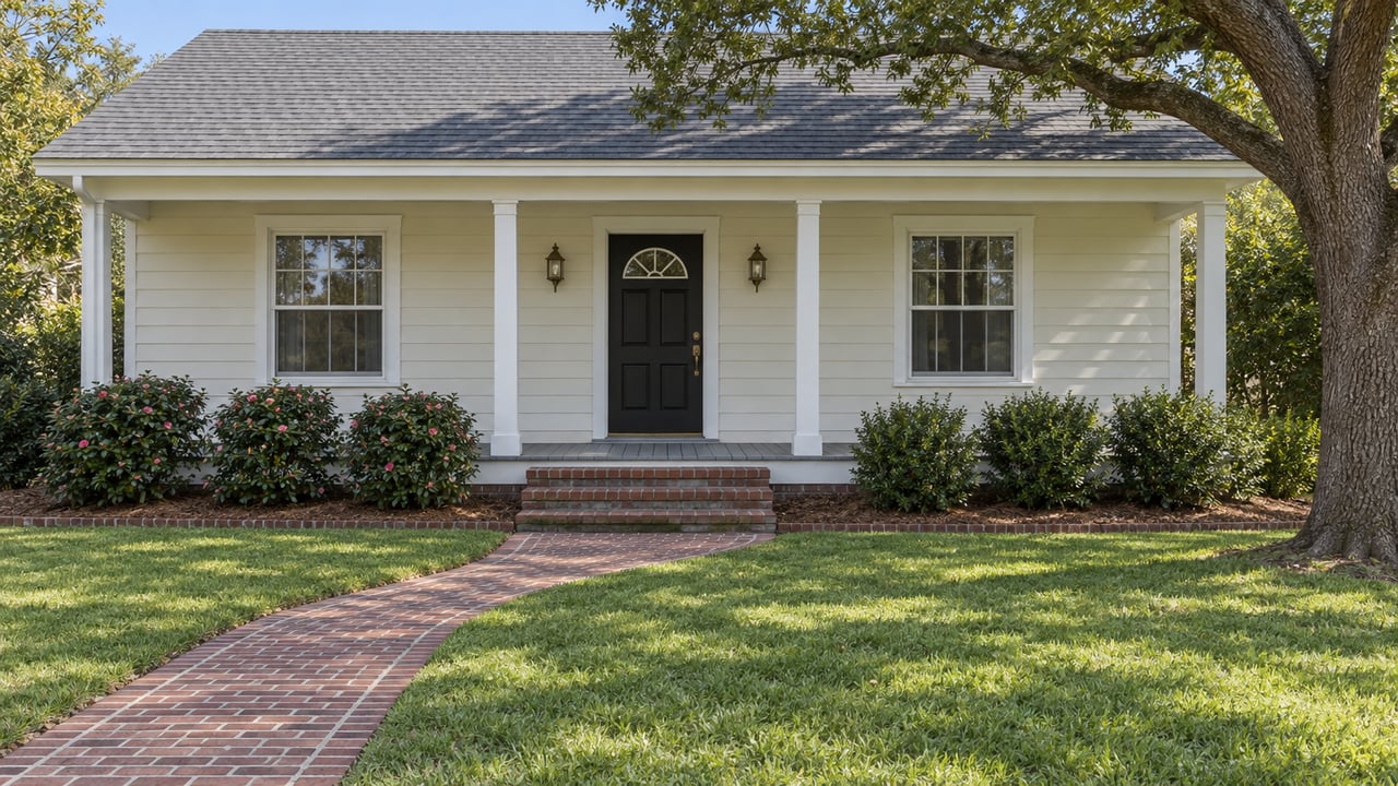 Ivory clapboard home with a shaded front porch, black paneled door, brick approach, and deep green lawn beneath a spreading live oak.