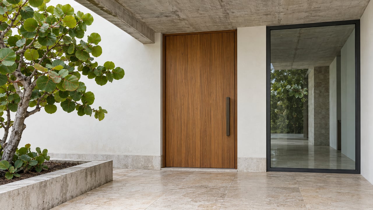 A sheltered modern entrance with a teak door, dark-framed glass, pale stone landing and a sea grape tree beside a raised concrete planter.