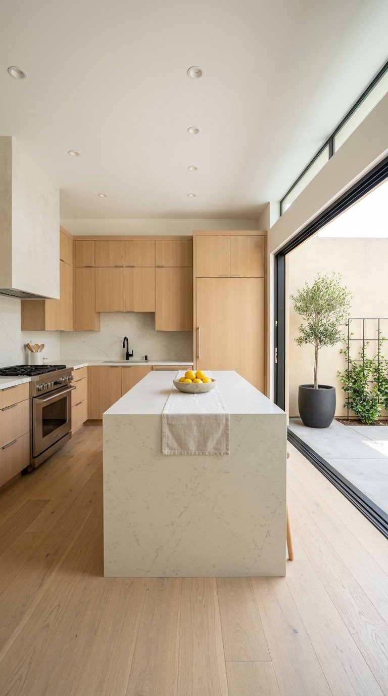 Quartz kitchen island with oak finishes, overlooking a patio wall and potted olive.