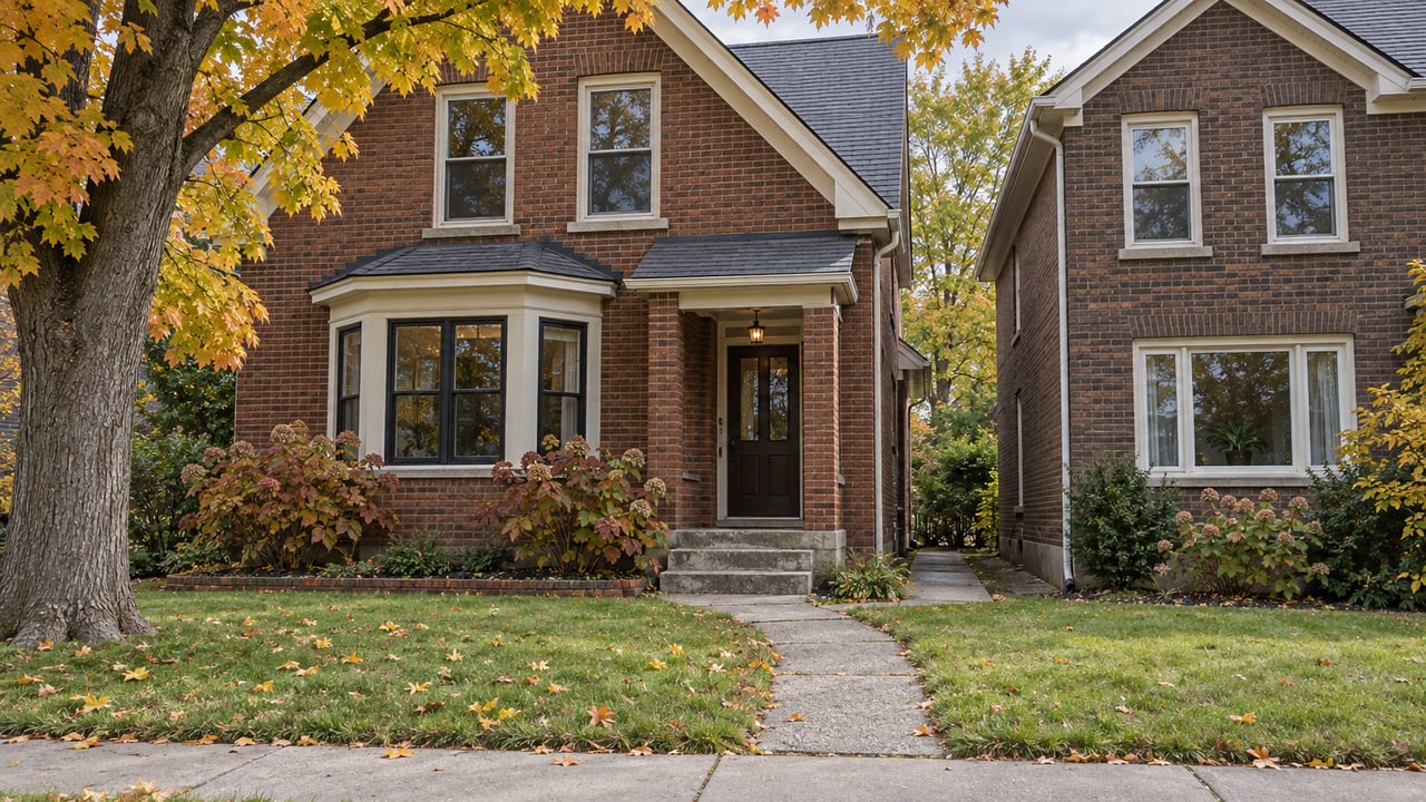 Two close-set brick family homes with gabled roofs, framed windows, compact front gardens and autumn maple foliage.