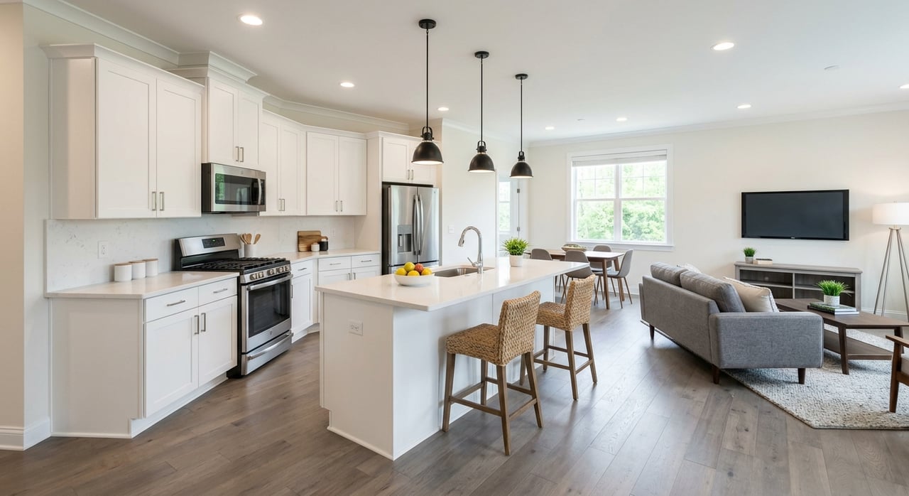 Open-plan kitchen with gray island and three stools, white shaker cabinets, and a living area with a gray sofa.