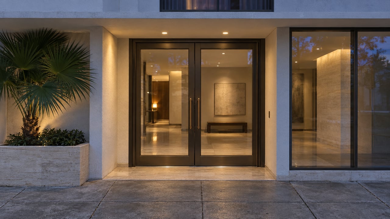 Residential entrance with bronze-framed glass doors, warm lobby glow, and a palm in limestone planter.