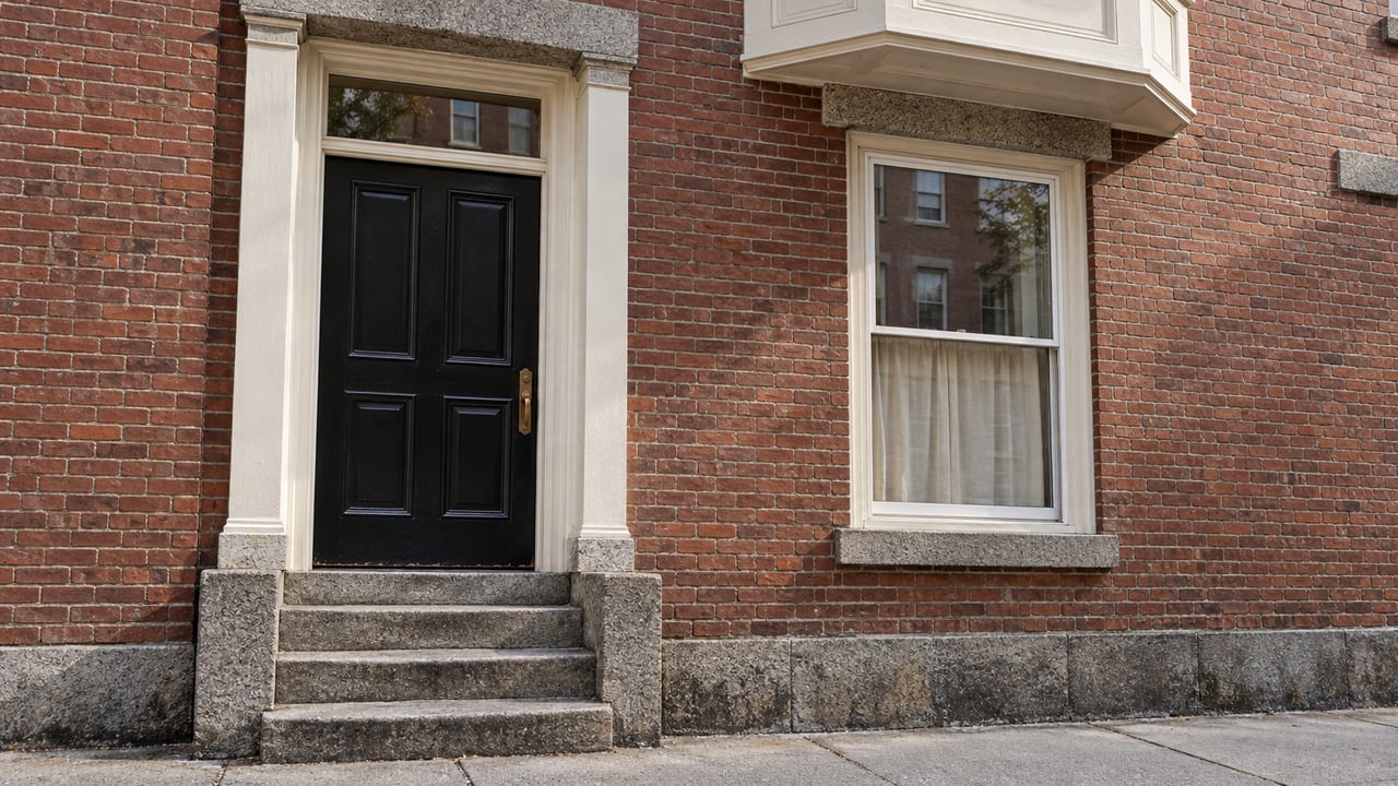 Close view of a brick townhouse entrance with a black paneled door, white-trimmed window and worn granite steps.