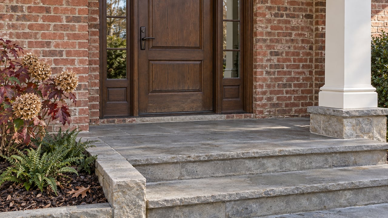 Winter morning light on a brick home's oak front door, limestone steps and oakleaf hydrangea.