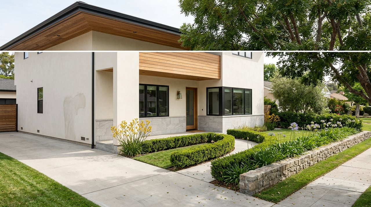 Two-story stucco home with a stone base, cedar soffit, black-framed windows, and a leafy front garden.