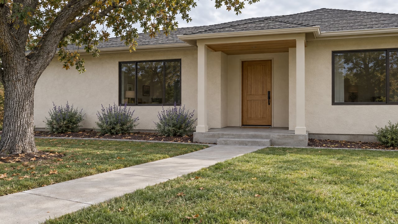 An ivory stucco home with a shaded timber porch, concrete front walk, deep lawn and mature valley oak in soft daylight.