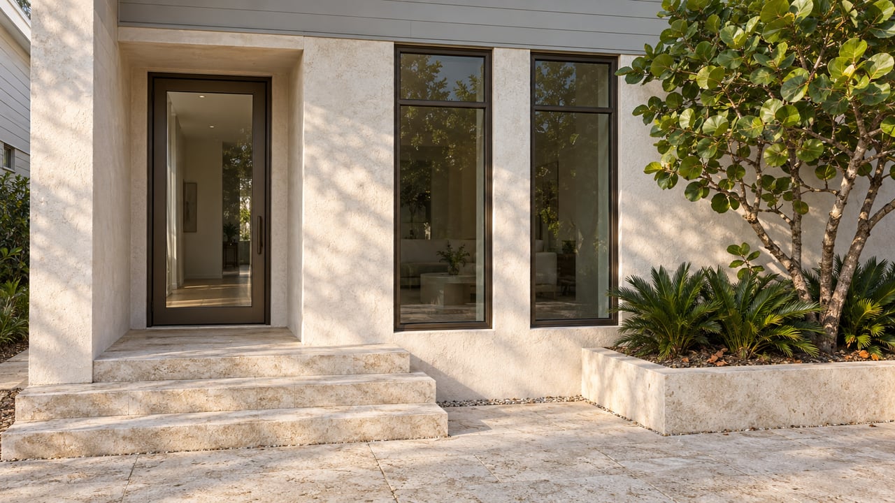 Coastal home entrance with limestone steps, a glazed door, bronze-framed windows, and broad-leaved tropical plants.