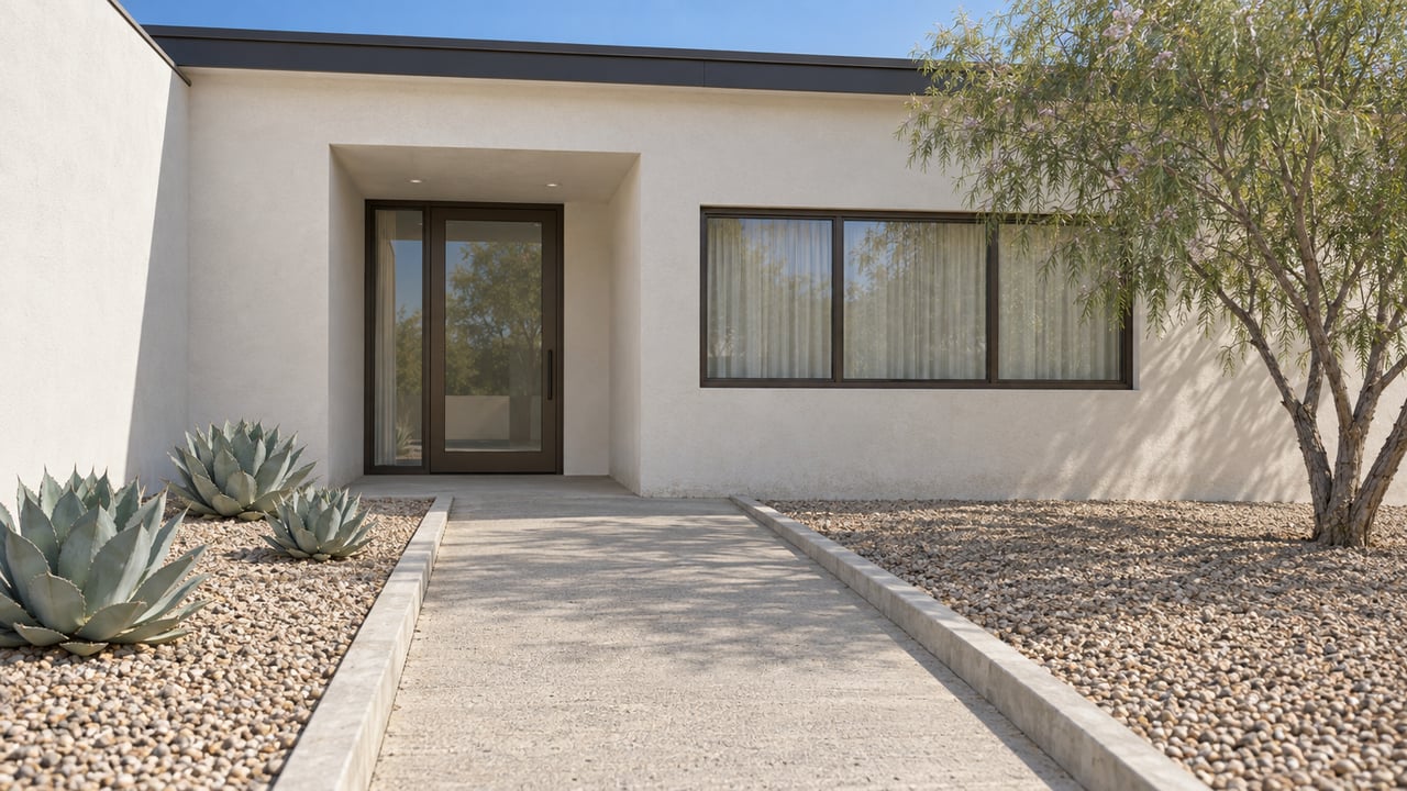 Warm-white stucco home with bronze-framed entry glazing, a concrete approach, sculptural agaves, and a desert willow in tan gravel beds.