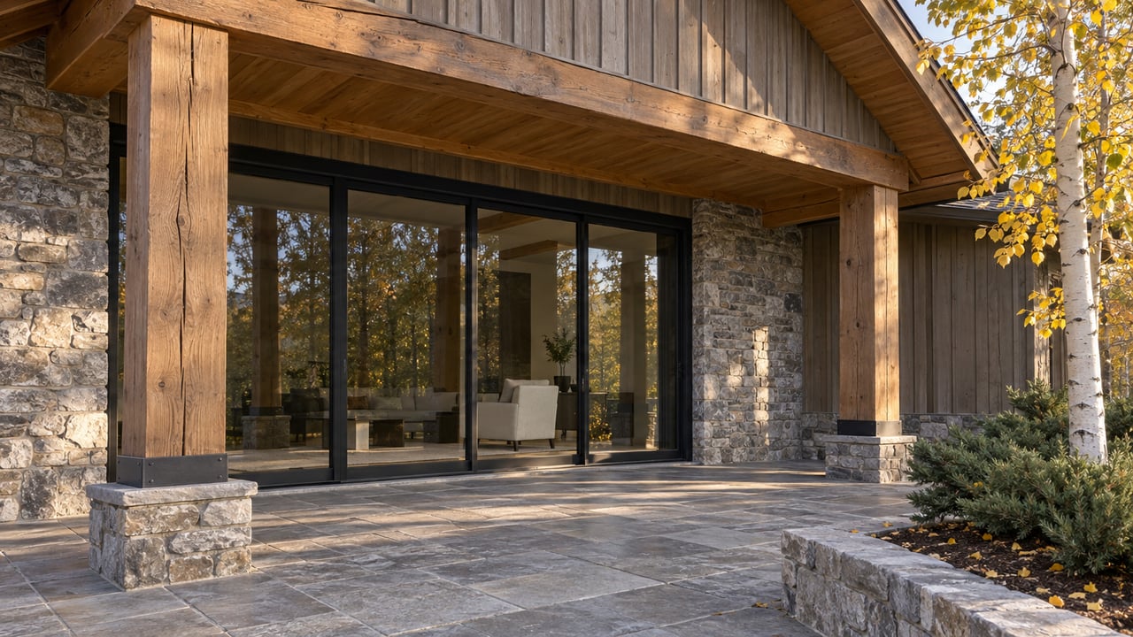 Timber posts and a cedar gable shelter closed black-framed glass doors above a gray stone terrace beside yellow-leaved aspen and low juniper.