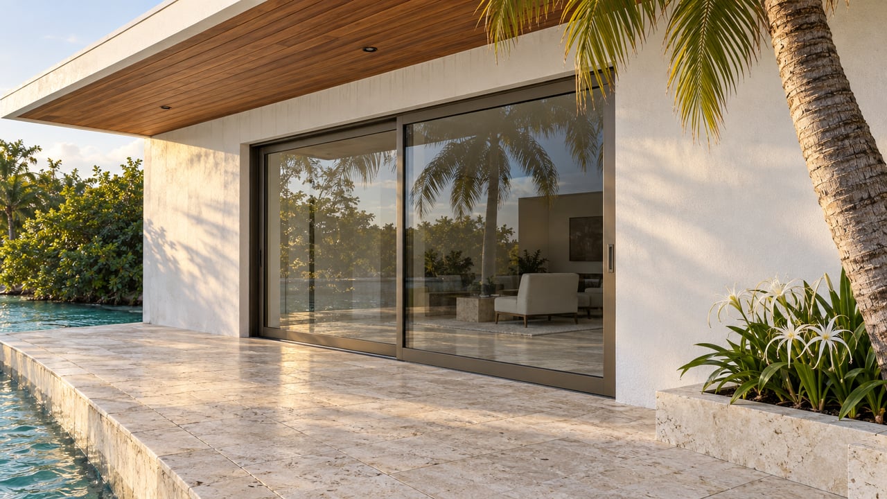 Pale limestone waterfront terrace beside a stucco house, with bronze-framed glass doors and a coconut palm.