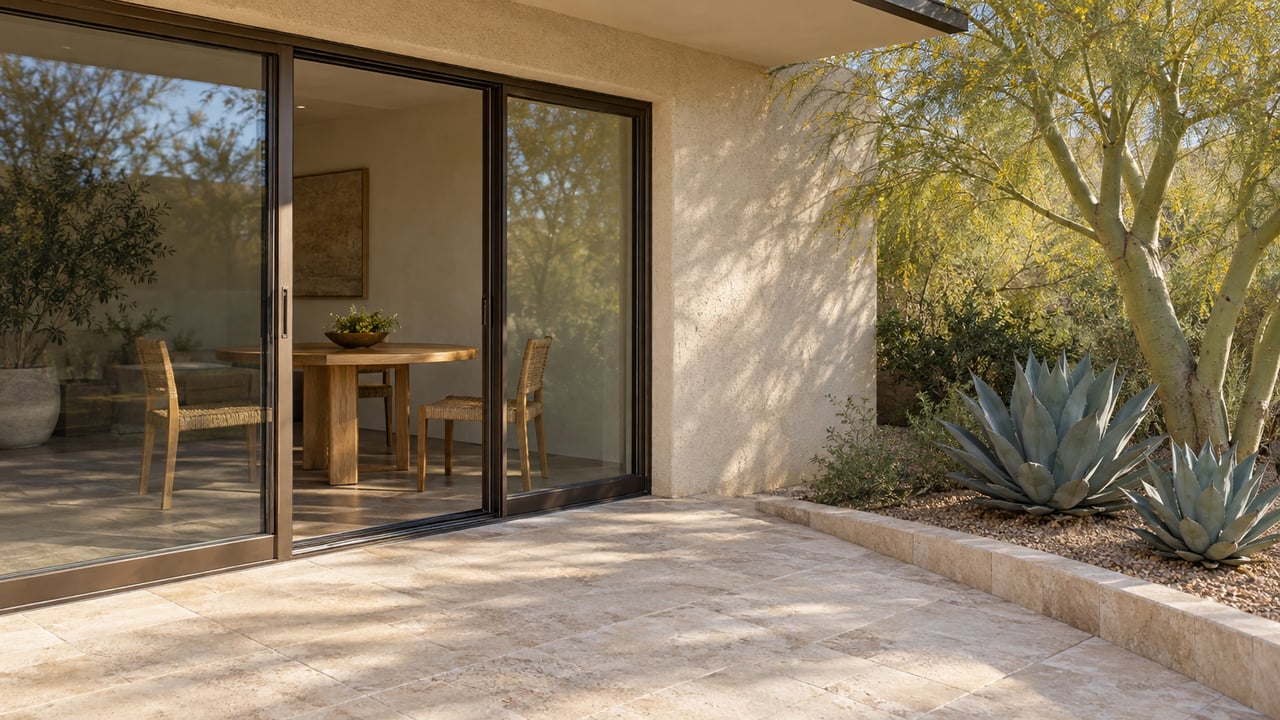 Sunlit limestone patio beside bronze-framed glass doors, cream plaster and a raised bed with sculptural desert planting.