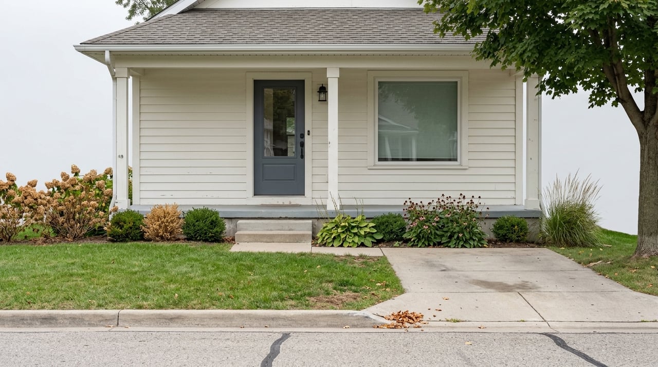 Bungalow entrance with porch steps, front door, and a corner of the driveway.