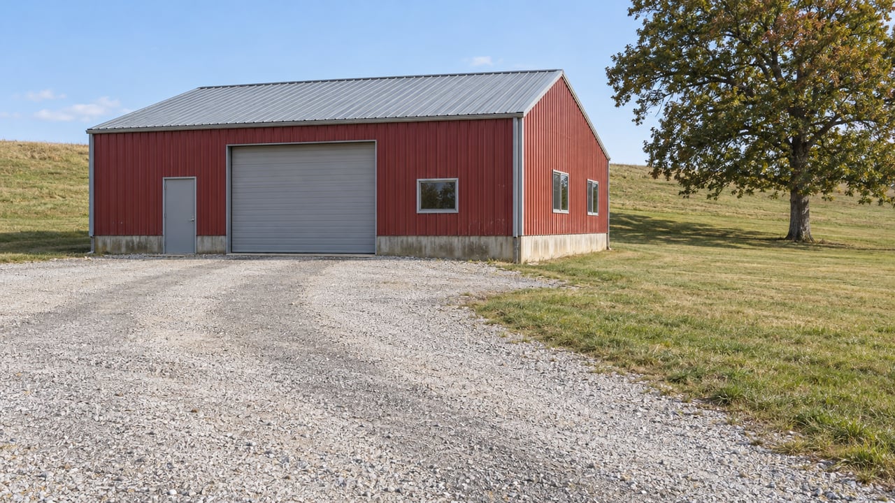 Faded red metal barn with a galvanized roof beside a mature white oak, viewed across a wide limestone gravel apron and autumn grass.