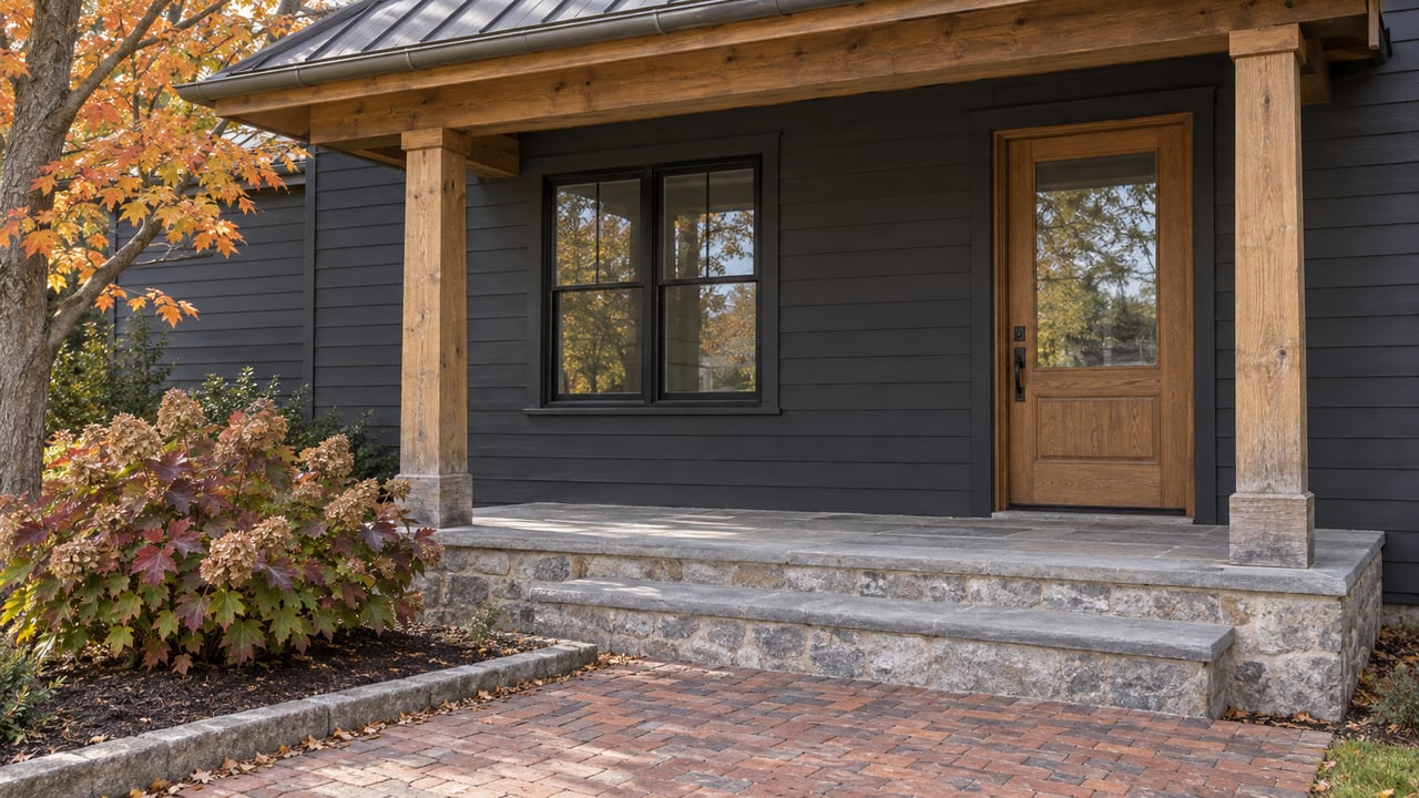 Timber-framed porch with dark siding, a glazed oak door, limestone steps, and autumn oakleaf hydrangea.