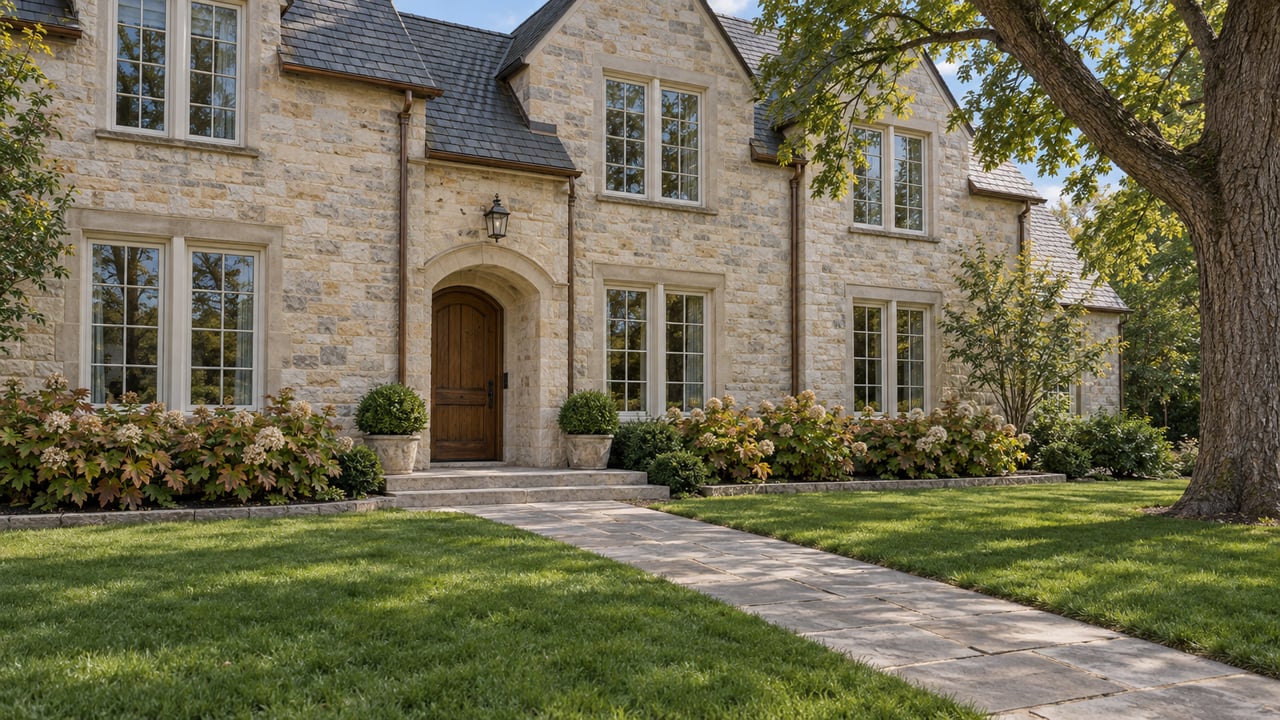 A substantial limestone house with steep slate gables, multi-pane windows and an arched oak entrance beyond a broad lawn and stone walk.
