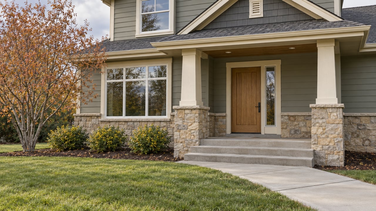 Sage-gray gabled home with stone porch piers, an oak entry door and a concrete walk crossing an autumn lawn.