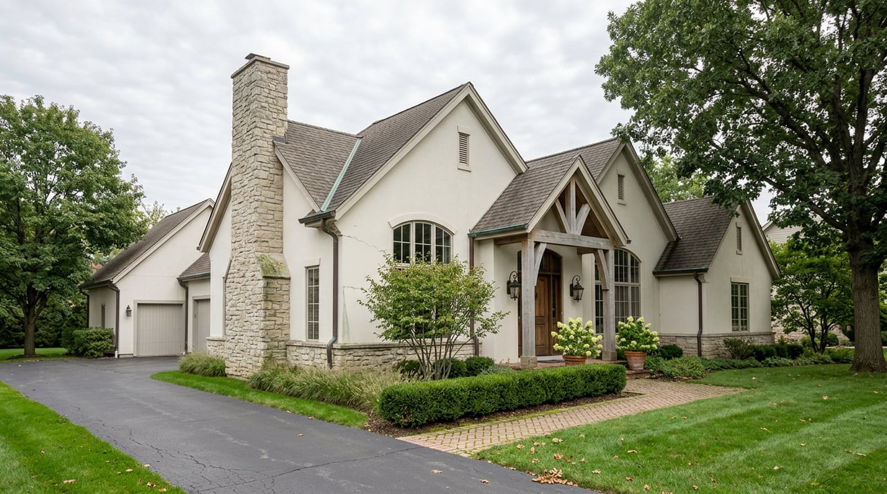 Creamy white stucco house with a fieldstone chimney, timber entry portico, arched window bay, and landscaped lawn.