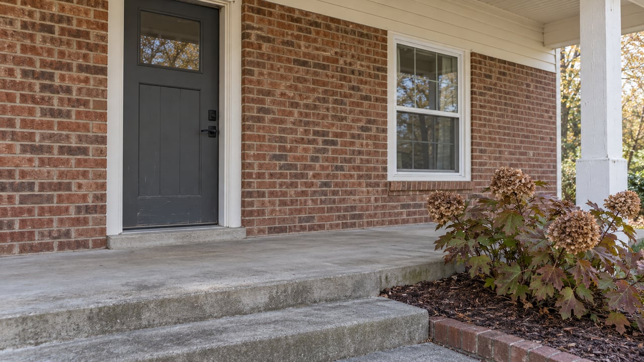 Covered home entry with a charcoal door, red-brown brick, cream siding and autumn oakleaf hydrangea beside concrete steps.