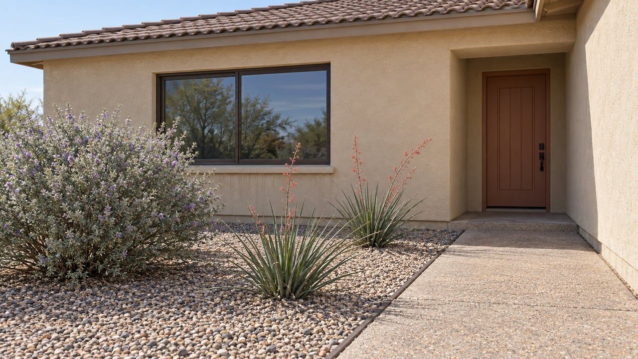 Single-story sand-stucco house with a terracotta entry, gravel garden, and aggregate concrete walkway.