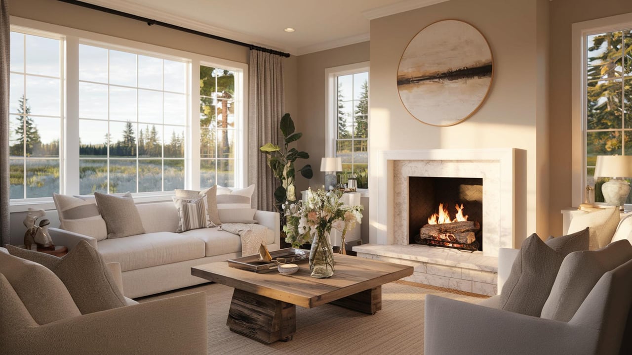 Staged living room with a lit marble fireplace, large windows, and views of trees and water.