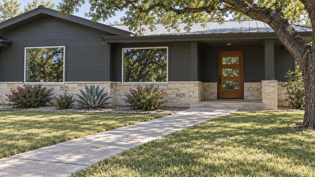 A shaded charcoal-sided home with limestone base, a concrete front walk, mature live oak and carefully spaced drought-tolerant planting.