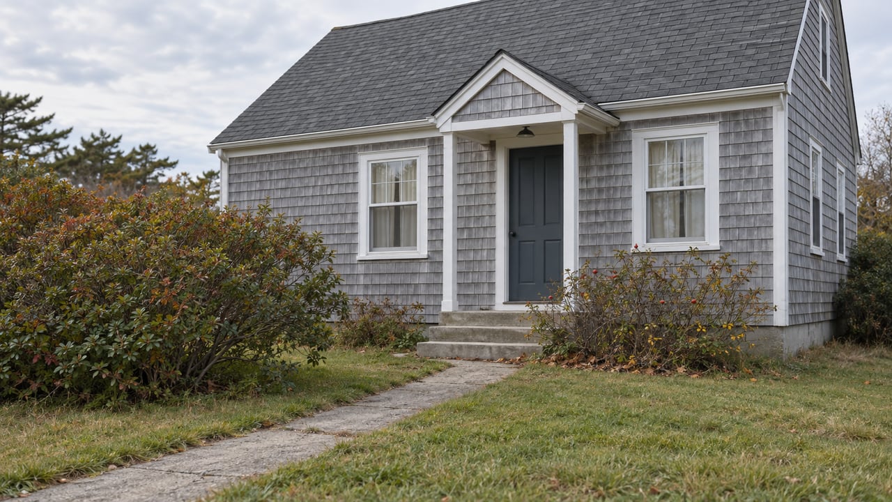Modest silver-gray shingled house with a roofed stoop, concrete path, and sparse autumn shrubs.