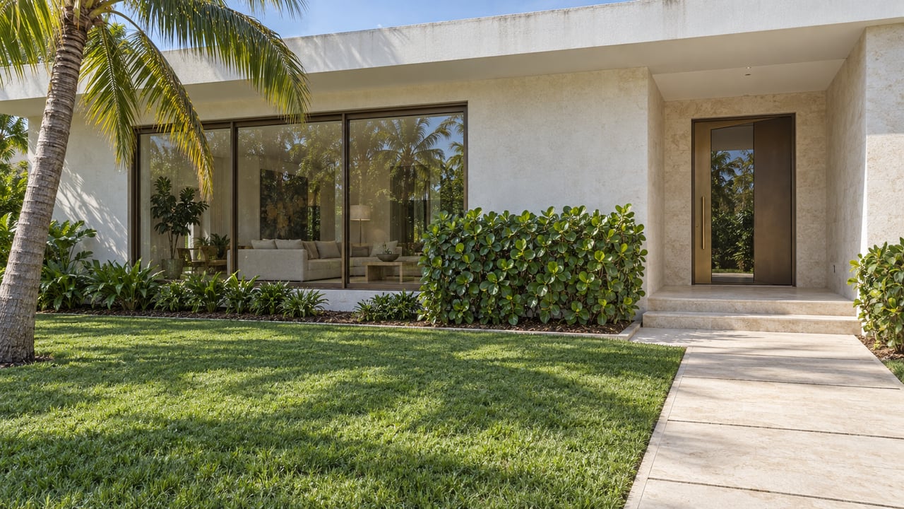 White tropical-modern home with bronze-framed glazing, a recessed limestone entry and a palm beside a deep green lawn.