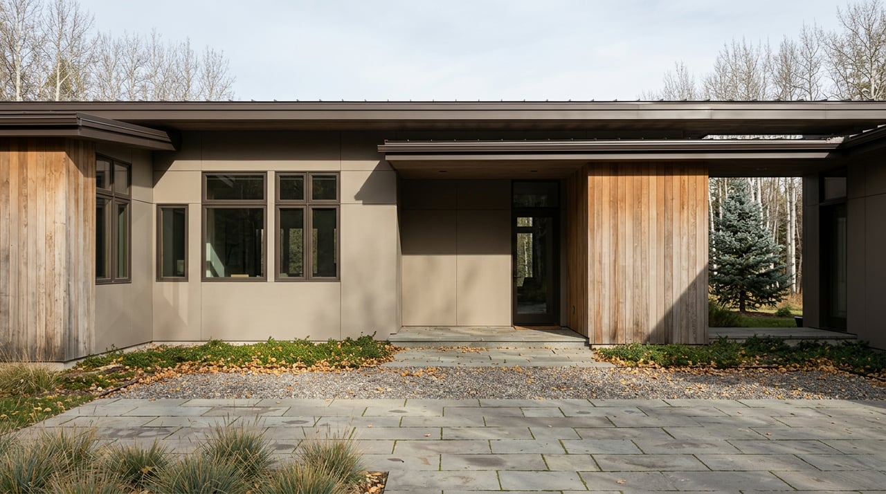 Modern stucco-and-wood home with a metal roof, stone motor court, spruce, and aspen trees.