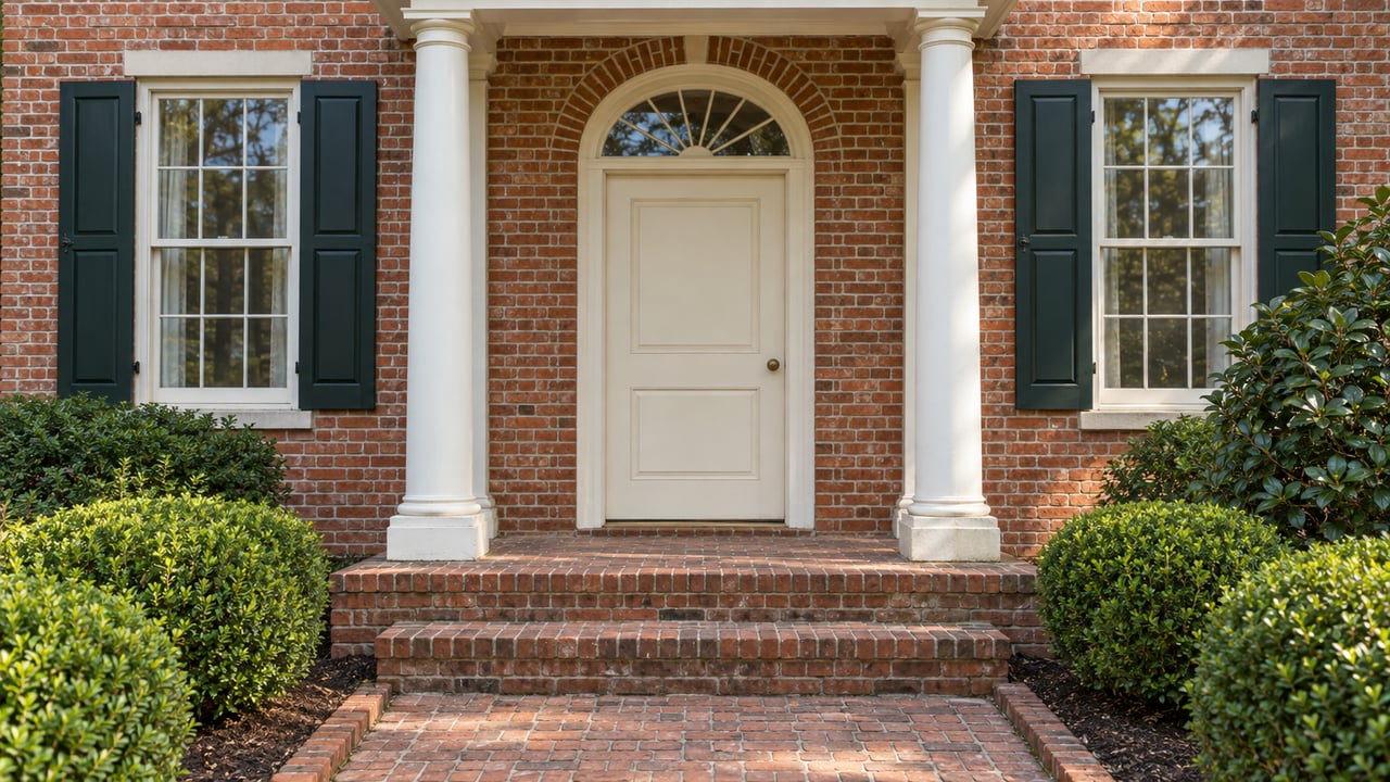 Brick home entrance with a cream door and arched fanlight, paired white columns, dark green shutters and a brick approach bordered by boxwood and camellia.